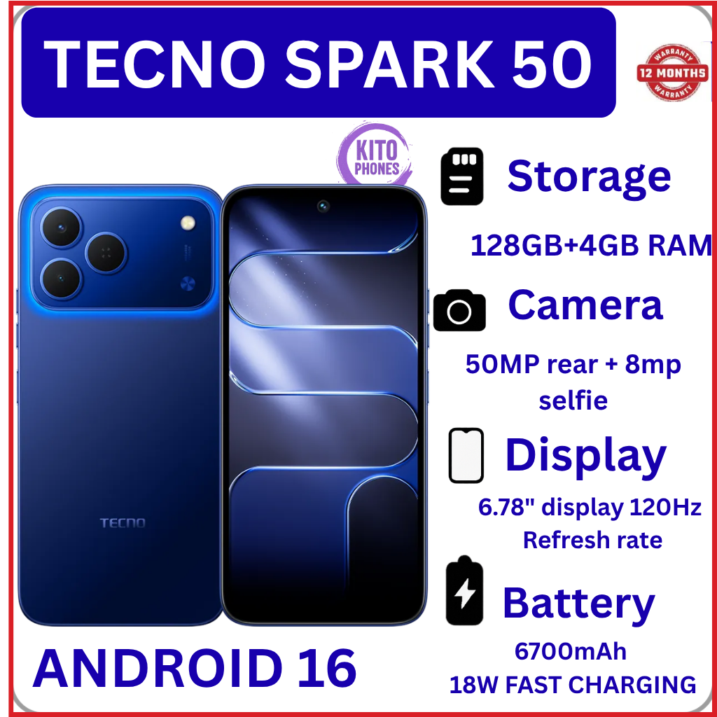 NEW ARRIVALS!! BRAND NEW Tecno Spark 50 128GB ROM+ 12GB (4+8)RAM 6.78" SCREEN 120Hz Refresh rate Camera 50MP Main Camera +8MP SELFIE 18W Super Charging 6700mAh battery Android 16 SMARTPHONE+FREE GIFTS