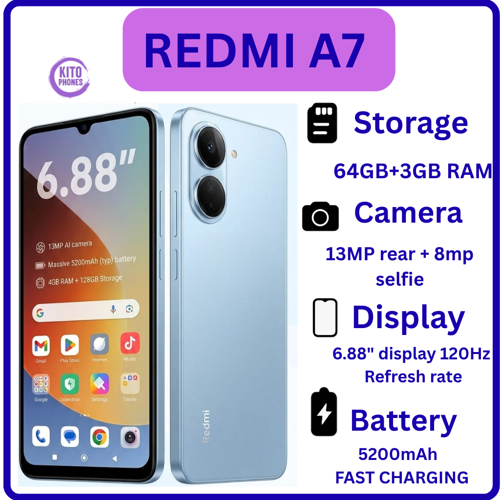 REDMI A7, 64GB ROM + 3GB RAM STORAGE, 6.88" SCREEN SIZE 13MP CAMERA +8MP SELFIE 5200mAh BATTERY 15W FAST CHARGING , ANDROID 15, IPS LCD, 120Hz, Unisoc T7250, SIDE MOUNTED FINGERPRINT SMARTPHONE