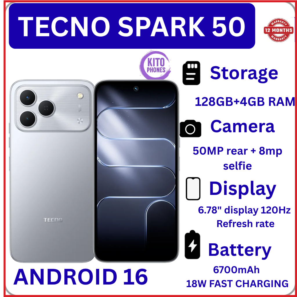 NEW ARRIVALS!! BRAND NEW Tecno Spark 50 128GB ROM+ 12GB (4+8)RAM 6.78" SCREEN 120Hz Refresh rate Camera 50MP Main Camera +8MP SELFIE 18W Super Charging 6700mAh battery Android 16 SMARTPHONE+FREE GIFTS