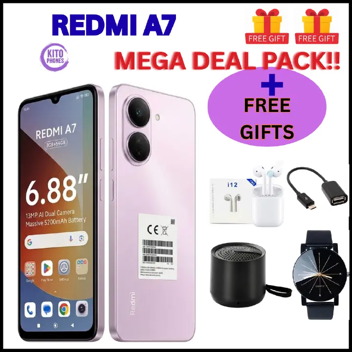 NEW ARRIVALS REDMI A7, 64GB ROM + 3GB RAM STORAGE, 6.88" SCREEN SIZE 13MP CAMERA +8MP SELFIE 5200mAh BATTERY 1 , ANDROID 15, IPS LCD,120Hz, Unisoc T7250,SIDE MOUNTED FINGERPRINT SMARTPHONE +FREE GIFTS