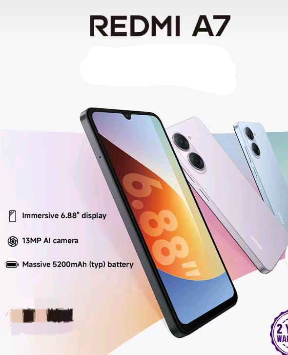 REDMI A7, 64GB ROM + 3GB RAM STORAGE, 6.88" SCREEN SIZE 13MP CAMERA +8MP SELFIE 5200mAh BATTERY 15W FAST CHARGING , ANDROID 15, IPS LCD, 120Hz, Unisoc T7250, SIDE MOUNTED FINGERPRINT SMARTPHONE