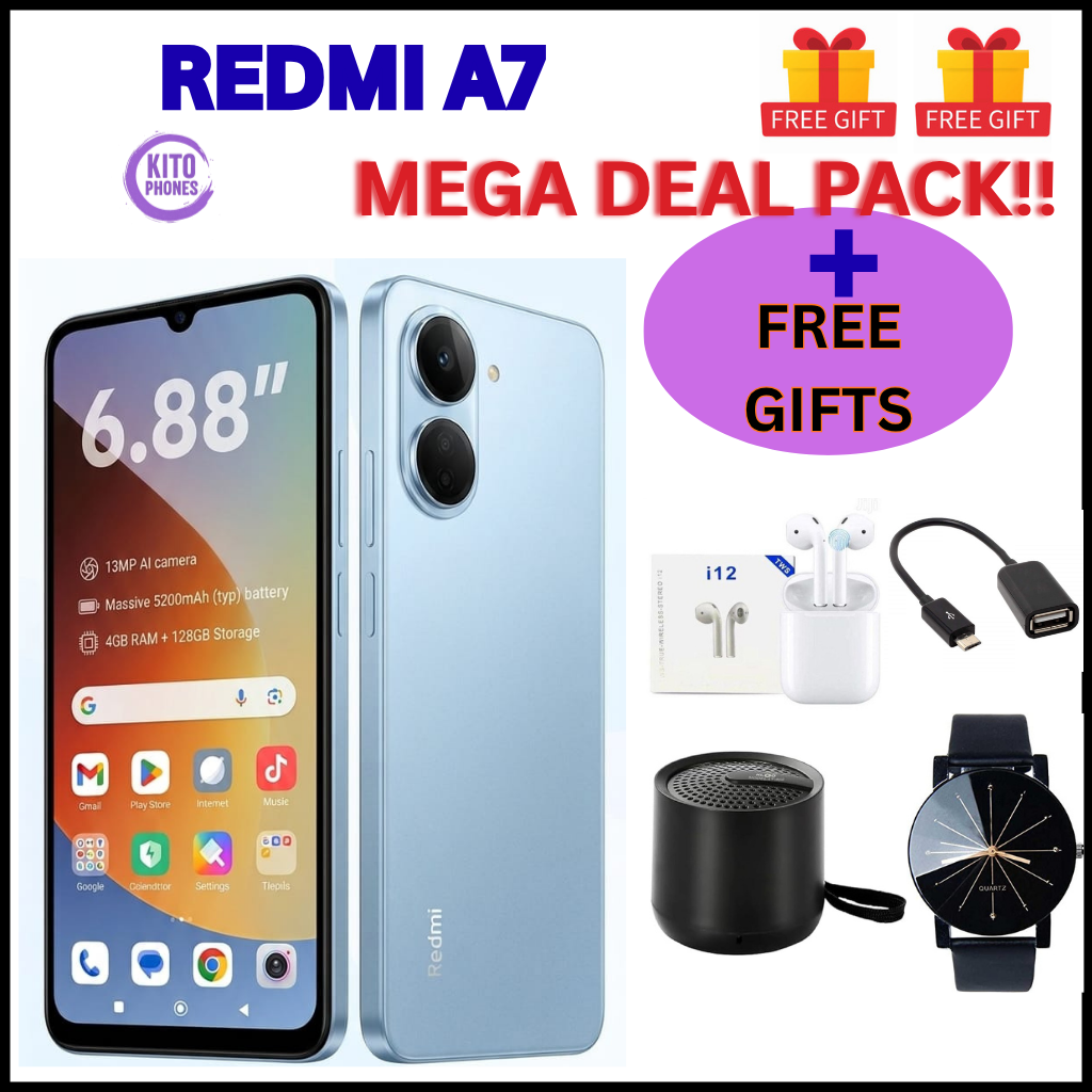 NEW ARRIVALS REDMI A7, 64GB ROM + 3GB RAM STORAGE, 6.88" SCREEN SIZE 13MP CAMERA +8MP SELFIE 5200mAh BATTERY 1 , ANDROID 15, IPS LCD,120Hz, Unisoc T7250,SIDE MOUNTED FINGERPRINT SMARTPHONE +FREE GIFTS