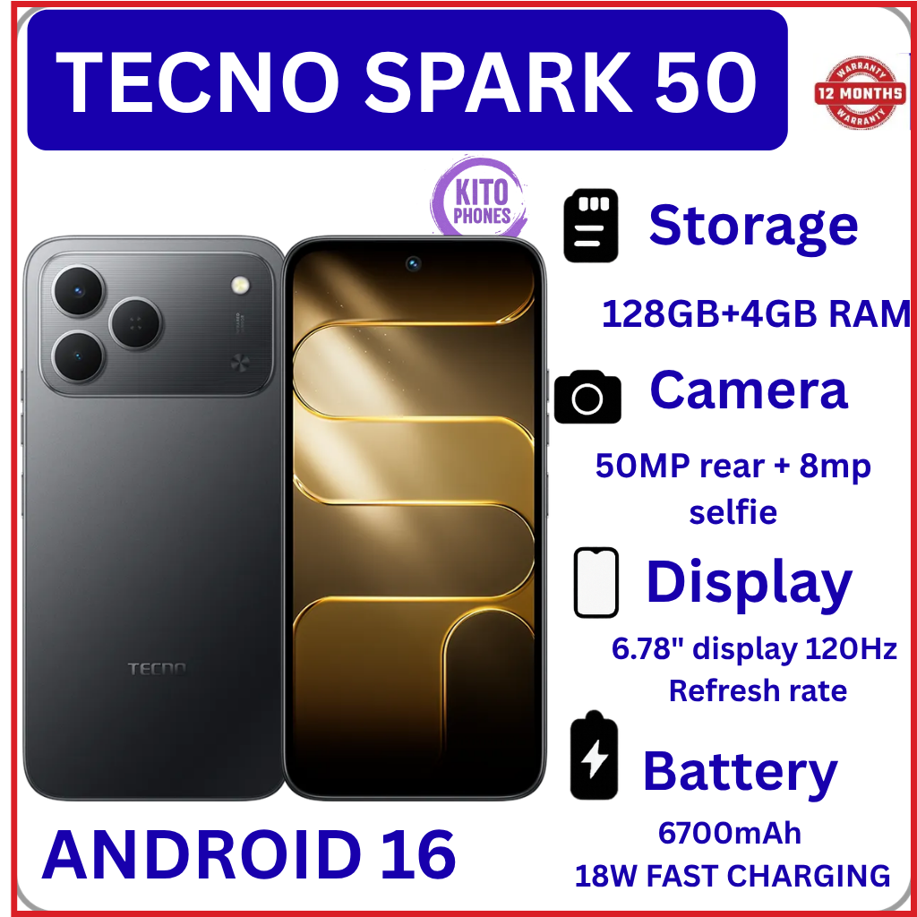 NEW ARRIVALS!! BRAND NEW Tecno Spark 50 128GB ROM+ 12GB (4+8)RAM 6.78" SCREEN 120Hz Refresh rate Camera 50MP Main Camera +8MP SELFIE 18W Super Charging 6700mAh battery Android 16 SMARTPHONE+FREE GIFTS