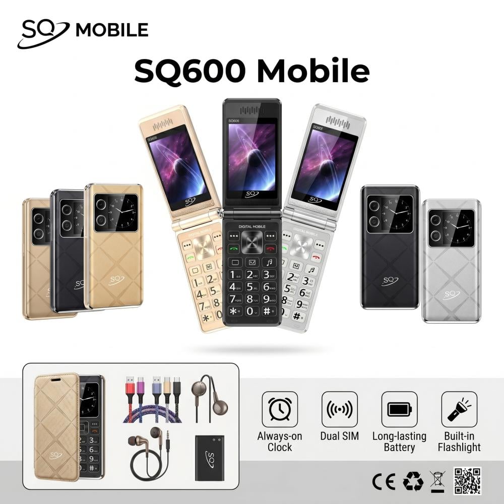 SQ SQ600 FLIP Phone 2300mAh battery capacity 2.8" SECONDARY SCREEN DUAL SIM CARD PHONE button mobile phone WITH Bluetooth connectivity super flashlight ,super speaker, camera FEATURED PHONE