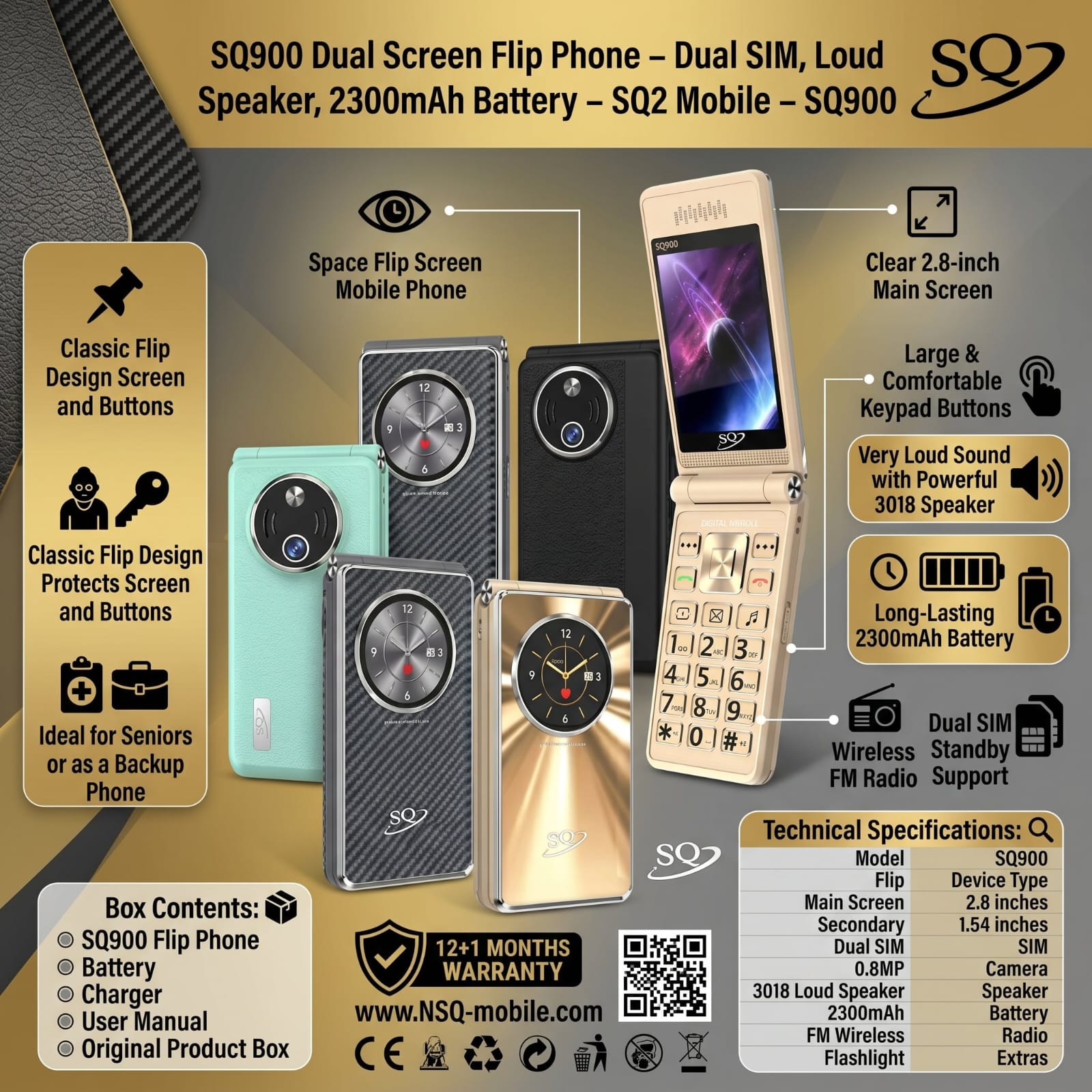 SQ SQ900 FLIP Phone 2300mAh battery capacity 2.8" SECONDARY SCREEN DUAL SIM CARD PHONE button mobile phone WITH Bluetooth connectivity super flashlight ,super speaker, camera FEATURED PHONE