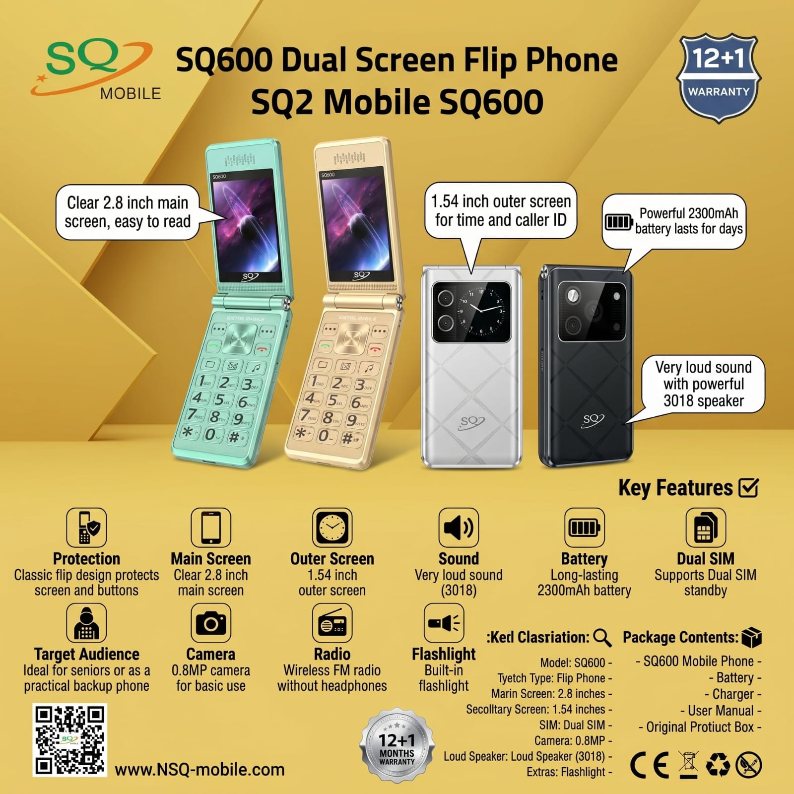 SQ SQ600 FLIP Phone 2300mAh battery capacity 2.8" SECONDARY SCREEN DUAL SIM CARD PHONE button mobile phone WITH Bluetooth connectivity super flashlight ,super speaker, camera FEATURED PHONE