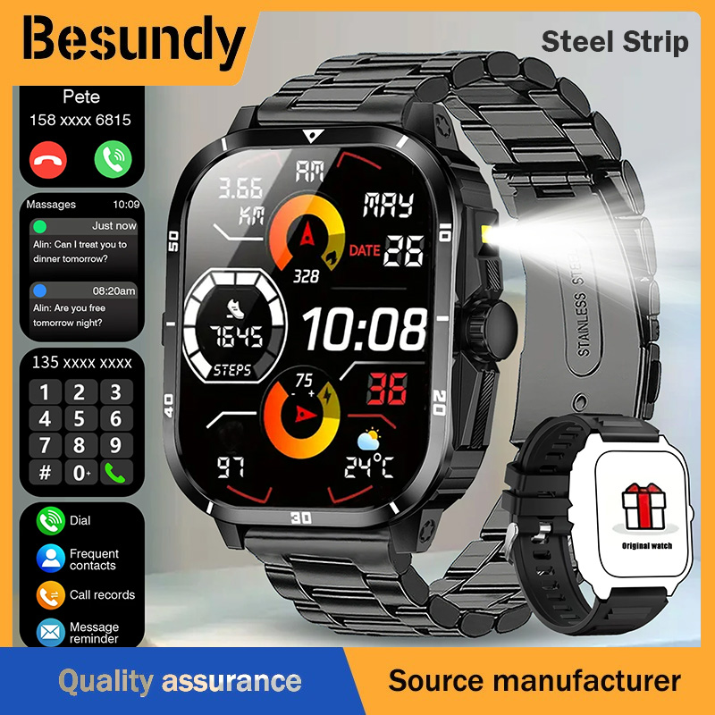 New Steel Strip Smartwatch H19 Rugged Outdoor Military Smart Watch GPS Men Flashlight Wireless Call Waterproof Sport Tracker 100+ Sports Modes HD Bluetooth Call Smart Watch