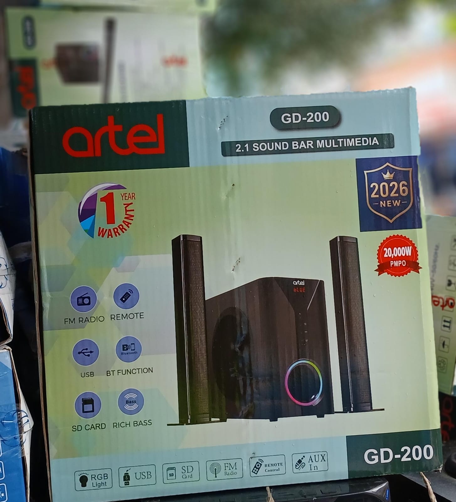 Artel GD-200 2.1CH Tall Boy Mini Home Theater USB, SD, FM, BT Function 20000W PMPO Multimedia Sound Bar Speaker System Sound Quality Subwoofer with Remote Control Woofer