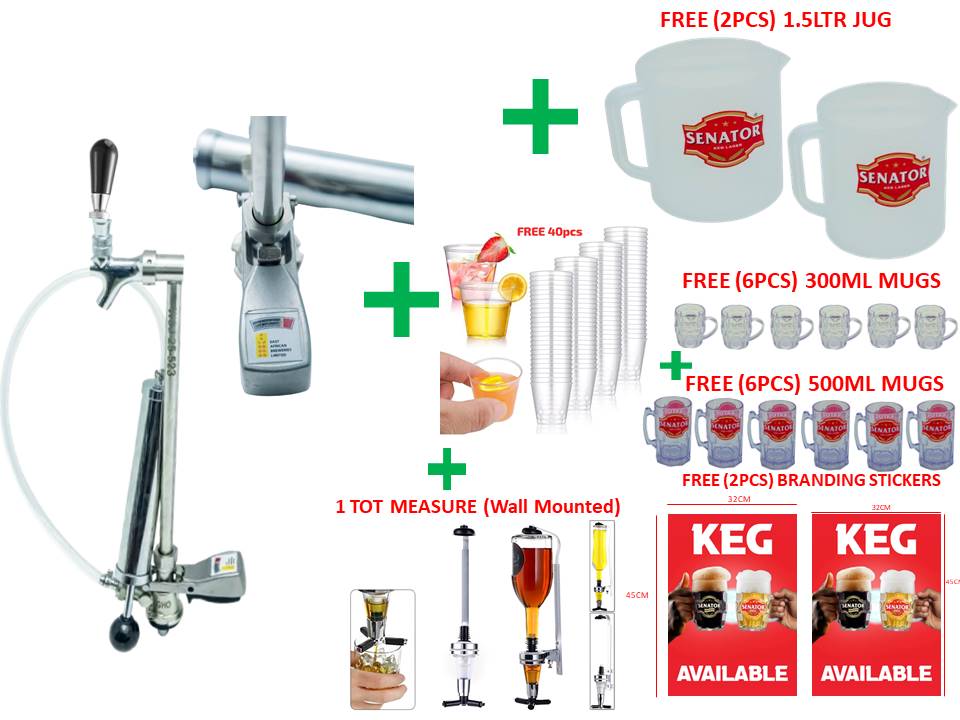 1 Keg Pump+ 2 Jugs +6mugs 300ml +6mugs 500ml  + 2 Stickers for Branding + 1 tot measure (wall mounted) + 40pcs shots tumbler glass