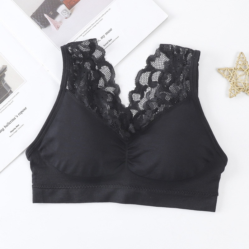 3*PC Cross border hot selling 1931 seamless lace back, strapless sports yoga, anti glare, no steel ring bra vest, chest wrap black Small size （80-140）