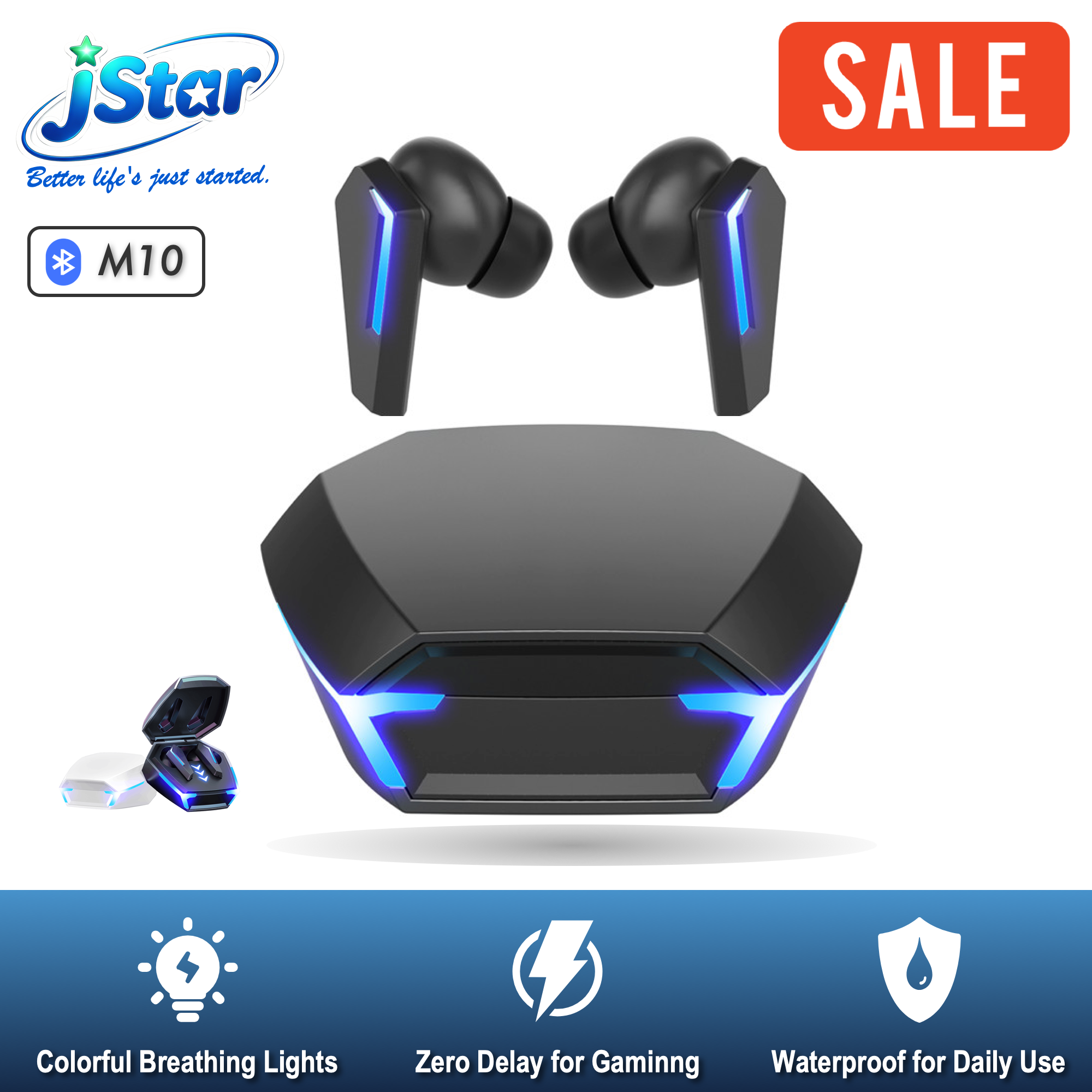 M10 TWS Earphones Wireless Bluetooth Earphones Stereo sound for gaming. Atmosphere light feature. Noise cancelling technology.IP68 waterproof and dust-proof.Works with iOS, Android, and PC.