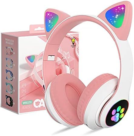Wireless Cat Ear Headphones for Kids – RGB LED Light Up Bluetooth 5.0 Headset with Foldable Design, Soft Cushioned Earcups & 94dB Safe Volume Limiter for Children's Hearing Protection