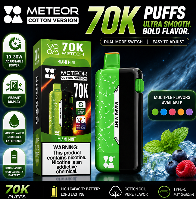 High-End 70,000 Puffs Vape | Massive 70K Puff Count | 10-30W Adjustable Wattage | Vibrant Meteor Screen | Random Flavor