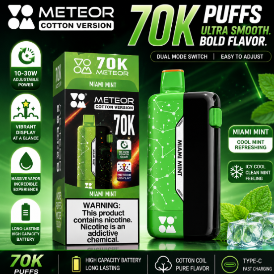 High-End 70,000 Puffs Vape | Massive 70K Puff Count | 10-30W Adjustable Wattage | Vibrant Meteor Screen | Black Ice