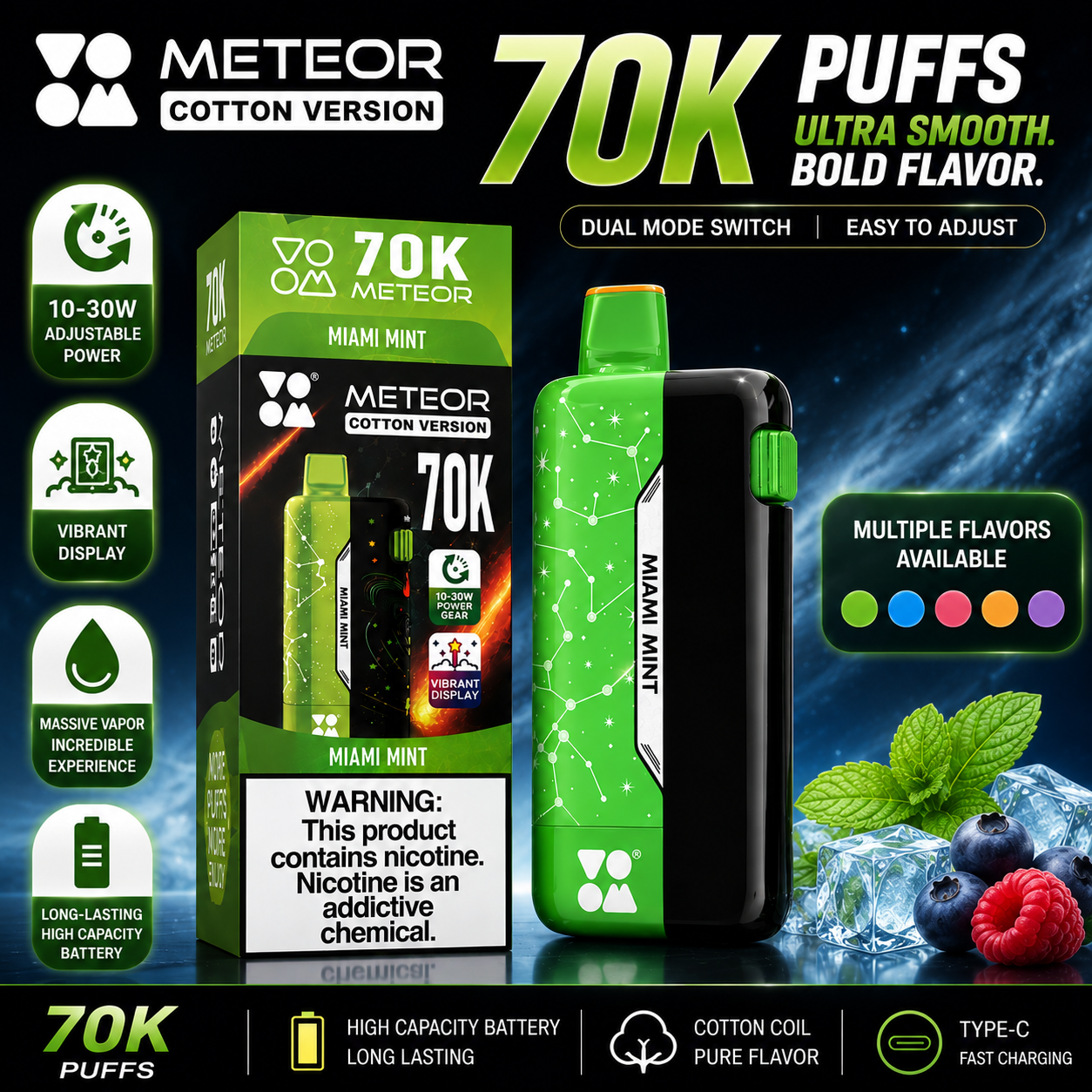 High-End 70,000 Puffs Vape | Massive 70K Puff Count | 10-30W Adjustable Wattage | Vibrant Meteor Screen | Random Flavor