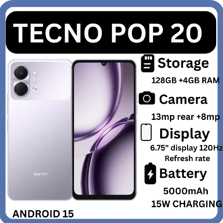 TECNO POP 20 128GB + 8(4+4)GB  64GB+4GB 4G Network 6.75" 120Hz Hole Screen Dual Speakers IP64 Waterproof 13MP 5000mAh 15W Type-C Android 15 Dual SIM Phone Side Fingerprint Unlock phones