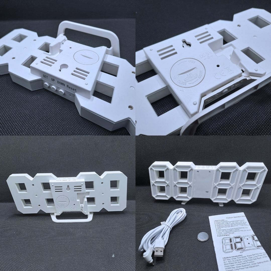 WHITE 3D LED Digital Alarm Clock Smart USB Desk & Wall Clock with Temperature Date 3 Alarm Auto Dimming & Snooze Modern Home Office Décor Living Room Cyberpunk Time Luminous Multifunctional Gift Idea