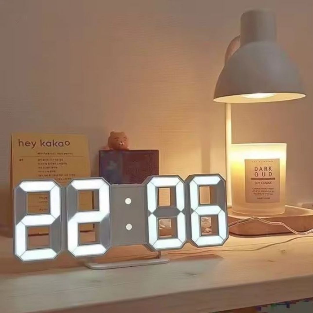 WHITE 3D LED Digital Alarm Clock Smart USB Desk & Wall Clock with Temperature Date 3 Alarm Auto Dimming & Snooze Modern Home Office Décor Living Room Cyberpunk Time Luminous Multifunctional Gift Idea