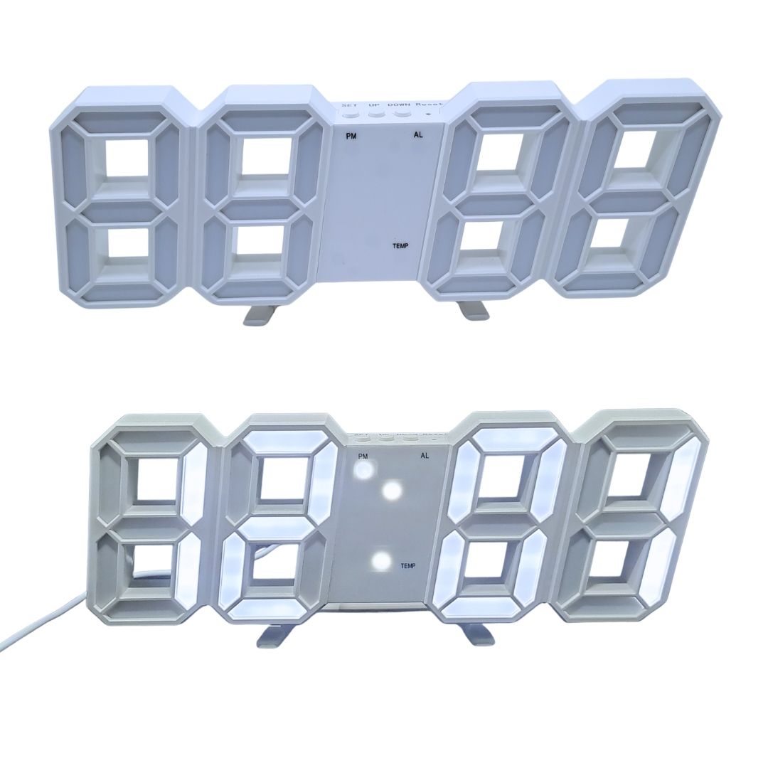 WHITE 3D LED Digital Alarm Clock Smart USB Desk & Wall Clock with Temperature Date 3 Alarm Auto Dimming & Snooze Modern Home Office Décor Living Room Cyberpunk Time Luminous Multifunctional Gift Idea