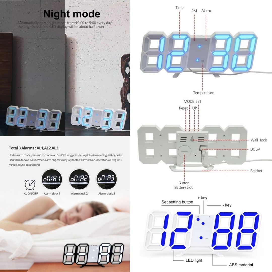 3D LED Digital Alarm Clock – Smart USB Desk & Wall Clock with Temperature Date 3 Alarm Auto Dimming & Snooze Modern Home Office Decor Living Room Cyberpunk Time Luminous Multifunctional Gift Idea Men