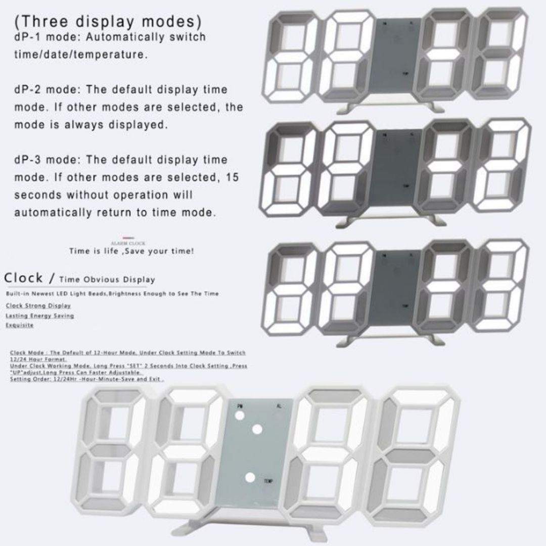 BLACK 3D LED Smart Digital Clock - Multifunctional Desk & Wall Clock with Alarm Thermometer Calendar Auto-Dimming Display USB Powered Creative Decor Home Office Bedroom Time Date Temperature Unique