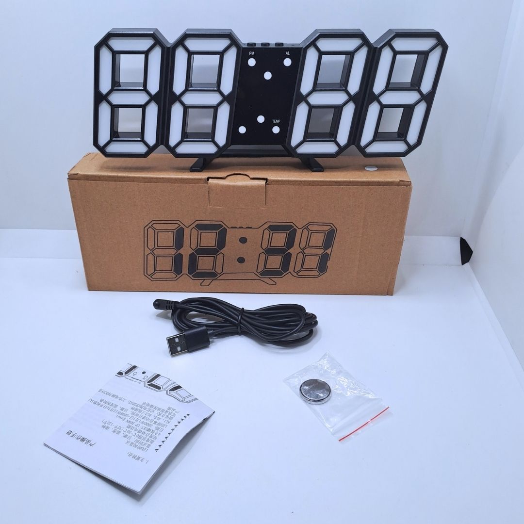 BLACK 3D LED Smart Digital Clock - Multifunctional Desk & Wall Clock with Alarm Thermometer Calendar Auto-Dimming Display USB Powered Creative Decor Home Office Bedroom Time Date Temperature Unique