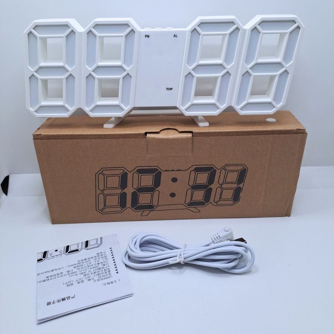 WHITE 3D LED Digital Alarm Clock Smart USB Desk & Wall Clock with Temperature Date 3 Alarm Auto Dimming & Snooze Modern Home Office Décor Living Room Cyberpunk Time Luminous Multifunctional Gift Idea