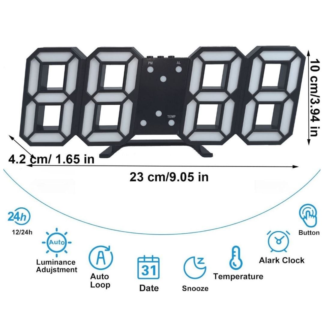 BLACK 3D LED Smart Digital Clock - Multifunctional Desk & Wall Clock with Alarm Thermometer Calendar Auto-Dimming Display USB Powered Creative Decor Home Office Bedroom Time Date Temperature Unique