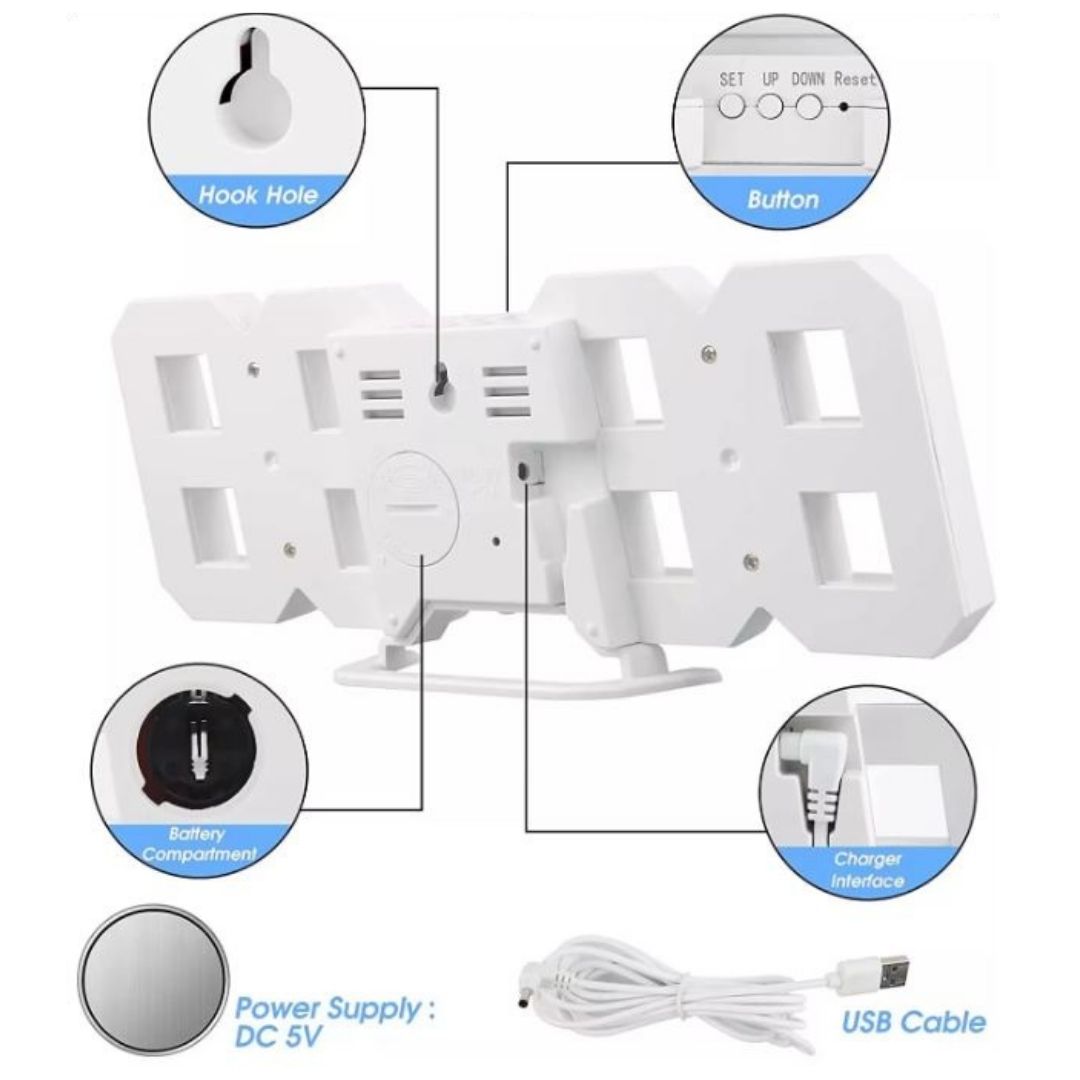 WHITE 3D LED Digital Alarm Clock Smart USB Desk & Wall Clock with Temperature Date 3 Alarm Auto Dimming & Snooze Modern Home Office Décor Living Room Cyberpunk Time Luminous Multifunctional Gift Idea