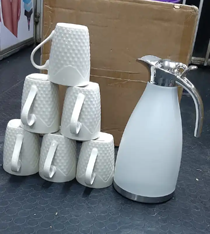 6 pc kitchen mug +flask white set