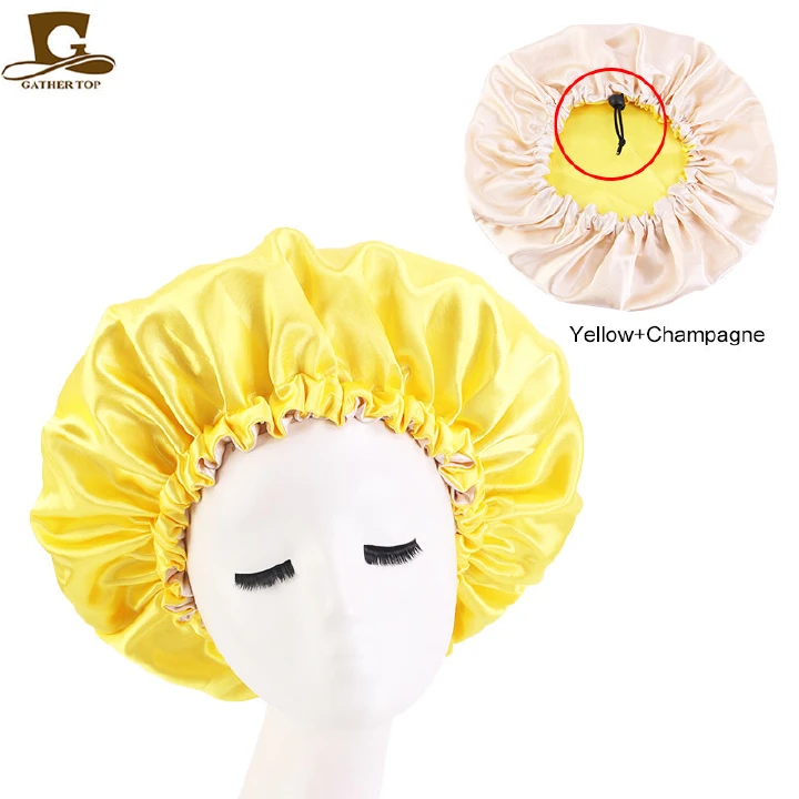 Newest style solid turban 100% silk satin bonnets with elastic band silk wrap double layer reversible bonnet