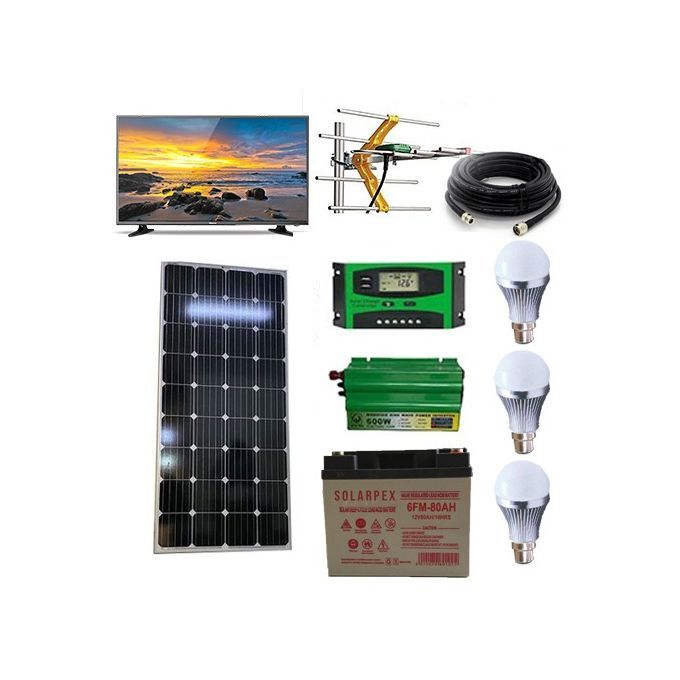 Sunlight Solar 100Watts Solar Panel Full KIT + 80 AH Solar Battery+300 W Solar Power Inverter + 10Ah Solar Charge Controller + 24" DC TV+ Aerial $ Cable +3 DC Bulb