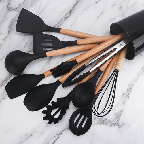12/16Pcs Kitchen Silicone Cooking Utensil Set Black Wooden Spoons