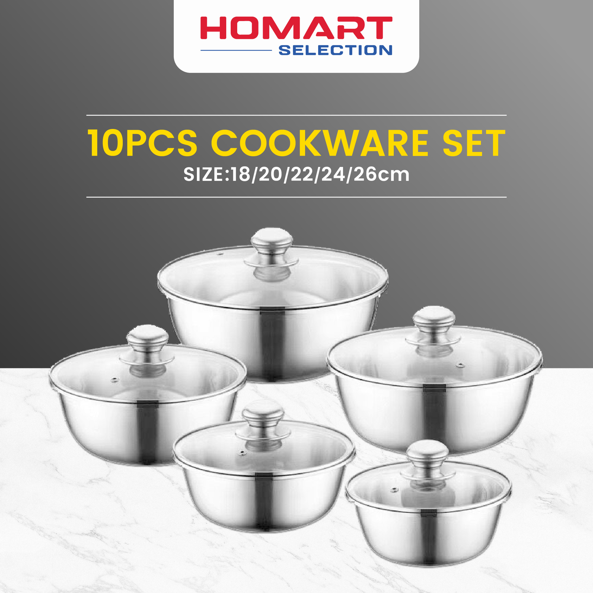 HOMART Pots-S High Quality Multifactional silver Cooking pots Cookware 10 pcs 18/20/22/24/26cm( 5pcsPots + 5pcs  lids )