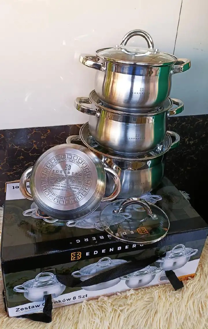 8 PCs EDENBERG FINEST STAINLESS COOKWARE  2.1L,2.9L,3.6L,6.5L Plus  4 Lids