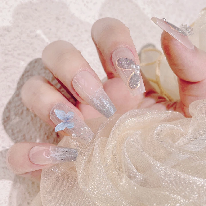 24Pcs Wearable Nail Pieces Semi-Handmade Manicure Ice Transparent Butterfly Nail Pieces Ins Ballet Fake Nails Long Nail,Reusable Stick On Nails Press on Full Cover False Nail