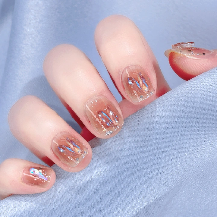 24Pcs Fake Nails Wear Nails Short Winnie Elf Removable Fake Nails Cute Girls，Reusable Stick On Nails Press on Full Cover False Nail