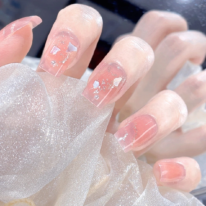 24Pcs Fake Nails Wearable Nail Halo Medium Long Nail Art Patches Shellac Gold Dust Ins Style Wearable Nails，Reusable Stick On Nails Press on Full Cover False Nail