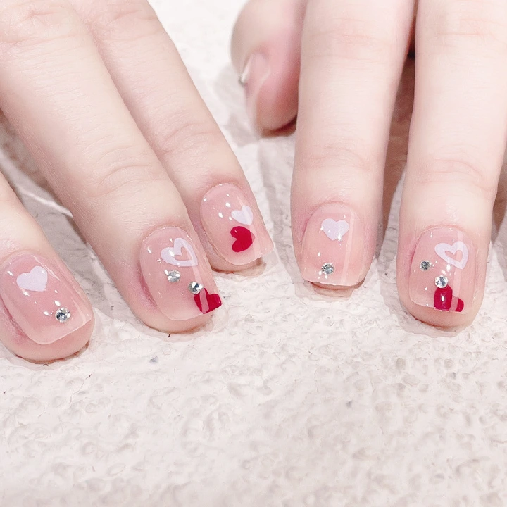 24Pcs Fake Nail Cute Short Wearable Nail Double Color Sweet Removable Nail Piece,Reusable Stick On Nails Press on Full Cover False Nail