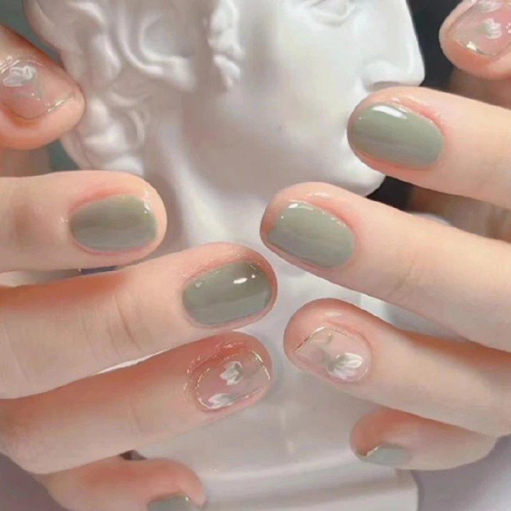 24Pcs Fake Nails INS style short nail patch removable nail art piece matcha simple color，Reusable Stick On Nails Press on Full Cover False Nail