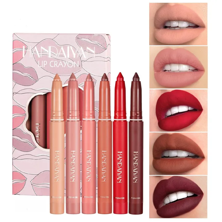 6Pcs Matte Lipstick Lip Liner Pens Set, One Step Lips Makeup Sets Pigment Velvety Nude Lip Stain Waterproof Long Wear Lip Gloss Make up Gift Set