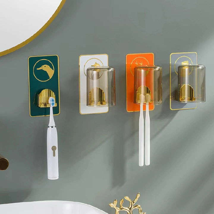 Nordic Style Toothbrush Holder with Detachable Cup, Toothbrush Stand Holds 2 Toothbrushes, Adhesive Bathroom Toothbrush Organizer and Glass, Punch Free Easy Install, PVC/PS Material. Buy Now