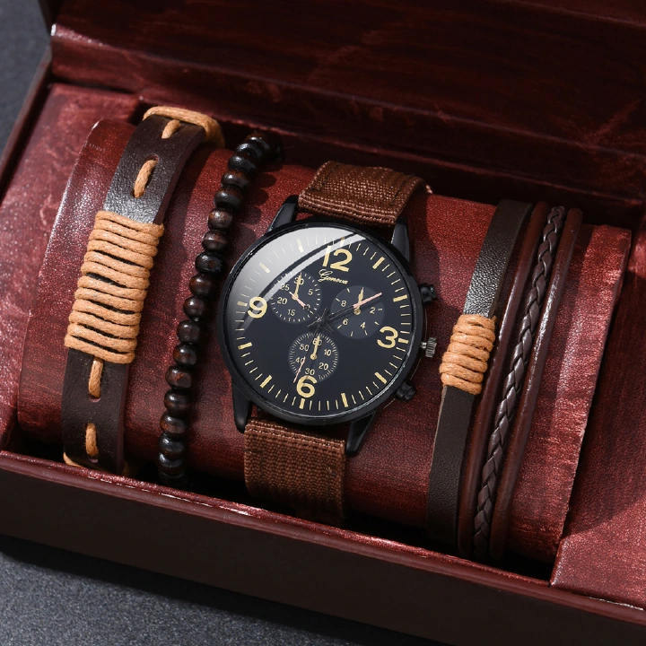 4 Pcs/ Set Men Watches Luxury Fashion Design Leather  Watch Luxury Bracelet Set Fashion Business Casul Brown Leather Quartz Wrist Watches For Men Gift Set  high quility best price on sale