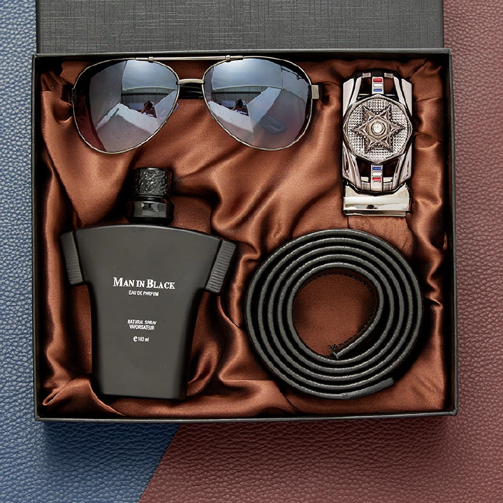 Fashion Luxury Gift Business Father Day Gift Set Men Birthday Box Gift Set Christmas Gift Set Valentines Gifts For Men 3-piece Set Sunglasses Leather Belt Perfume Wallet