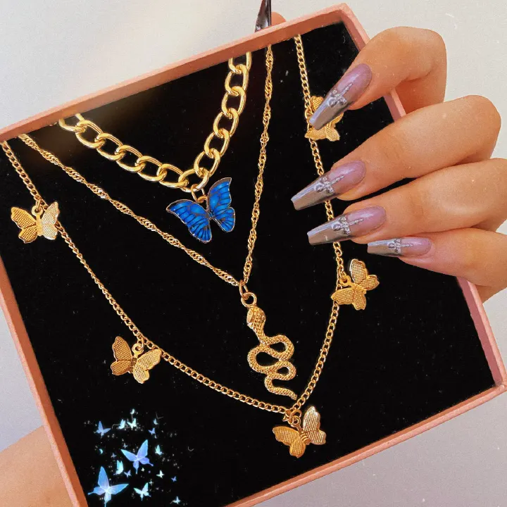 3 Layers Necklaces Fashion jewelry Multi layer Pendant Necklaces butterfly golden thick chain letter necklace gold plating women Gold Double Ring Pendant