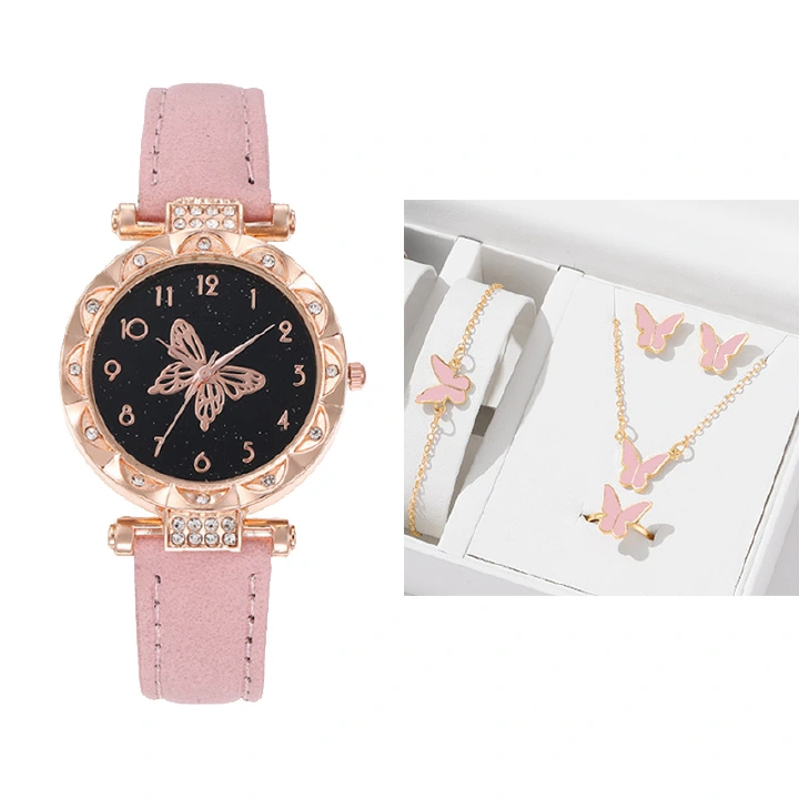 Popular Fashion 5 Set Women Watch Ring Necklace Earrings Bracelet Set Watches  Luxury Crystal Butterfly Leather Strap Ladies Quartz WristWatch (With Box)