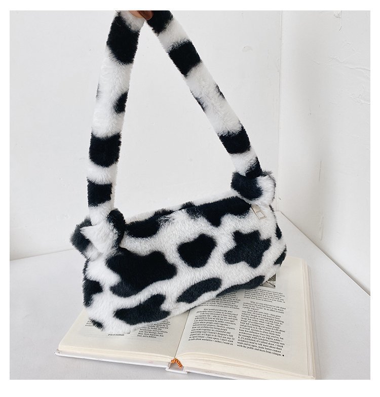 Fashion Simple Hot Sale Handbags For Girls Ladies Animal faux fur Sling Bag Small Cow black and white stripes Leopard print Underarm Shoulder Bags Custom Solid Soft Fur Purse For W Black and white cowBlack and white cow print