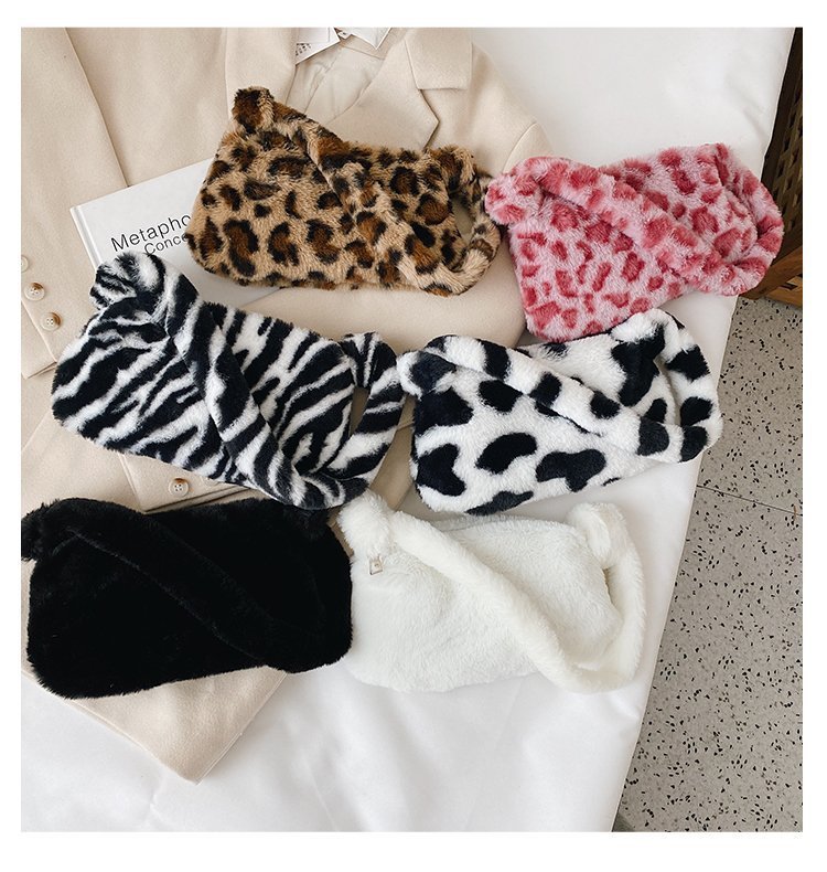 Fashion Simple Hot Sale Handbags For Girls Ladies Animal faux fur Sling Bag Small Cow black and white stripes Leopard print Underarm Shoulder Bags Custom Solid Soft Fur Purse For Women