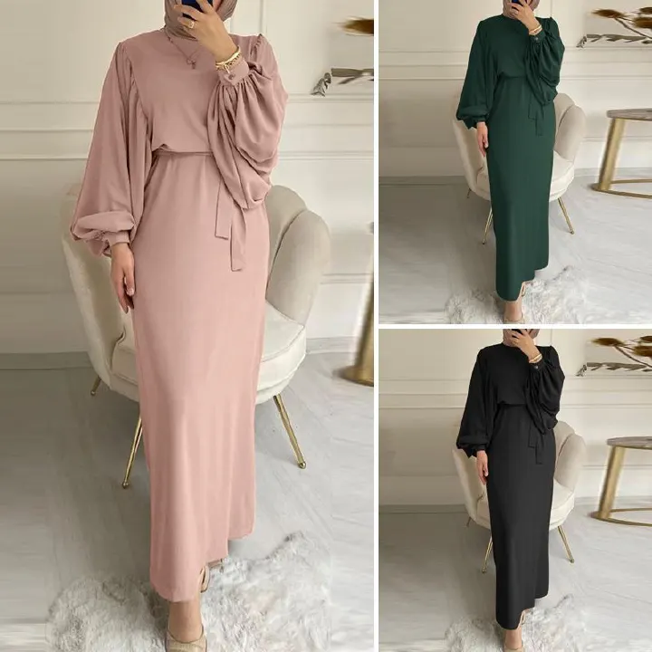 Zhendian Zhibao New Product Selection Solid Color Pure Green, Black, Pink Long Sleeve Comfortable Casual Long Sleeve Dress Muslim Dress Robe Long Robe Dress