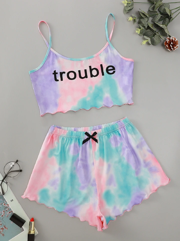 New Product Selection: New Home Color Popular Four Seasons Universal Gradient English Trouble Print, DREAM Print Short Sleeve Top and Gradient Color, Tie Dyed Shorts Home Suit Set